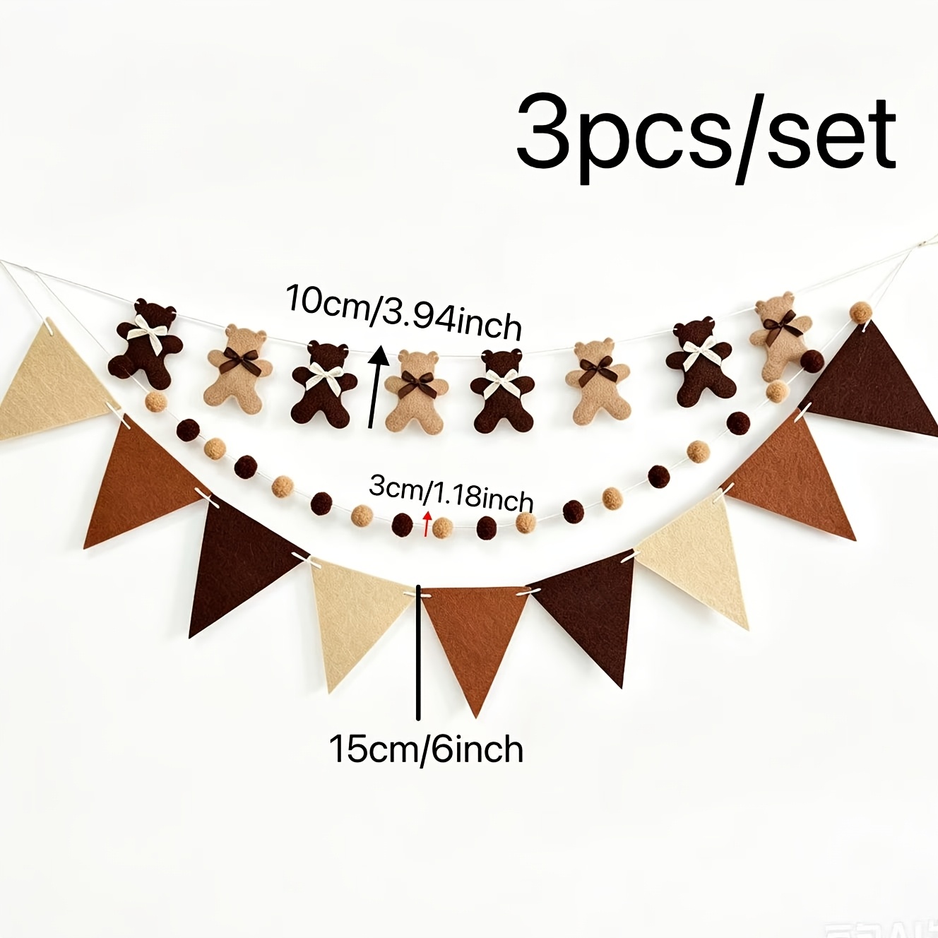 TEMU Ensemble de 3 pièces de guirlande en feutre d'ours , bannière d'ours en peluche bohème marron crème, fanion triangulaire et dérobé à pompons,