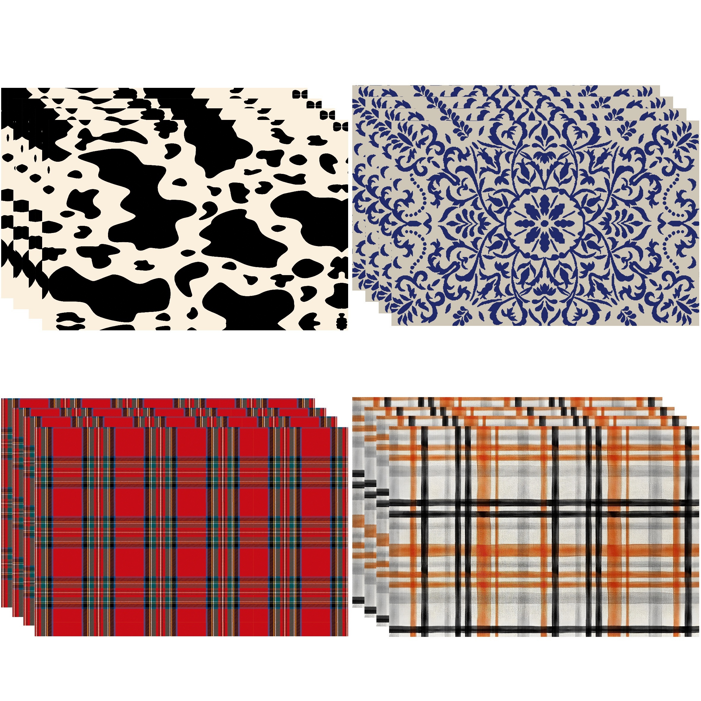 

4pcs Set Vintage Geometric & Pattern Placemats - Machine Washable Polyester, Square Dining Table Mats In Cowhide, Floral, And Striped Designs For All , Table Mats For Dining Table