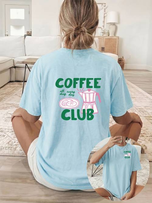 womens oversized coffee bread print t shirt double sided short sleeve round neck blouse compatible top loose fit casual shirt suitable for home outfits machine washable bread themed wardrobe essential