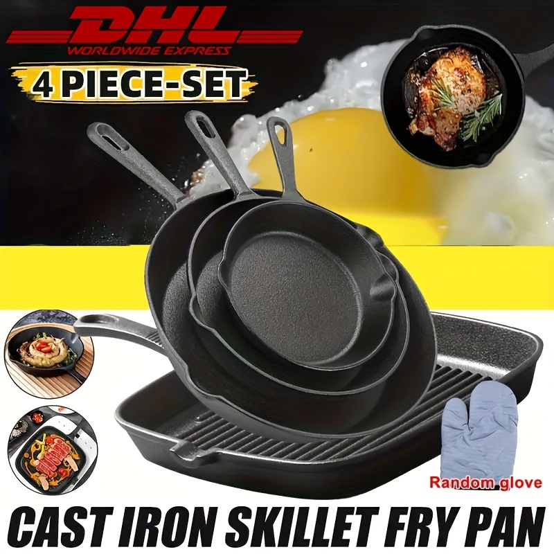 Image of 3/4pcss Cast Iron Frying Pans Oven Versatile Cast Set For Steak & Eggs - Perfect For Gas Cooking, Durable Kitchen Essential, Ideal For Outdoor Camping & Home Use (3/4pcss Cooking Set) Black