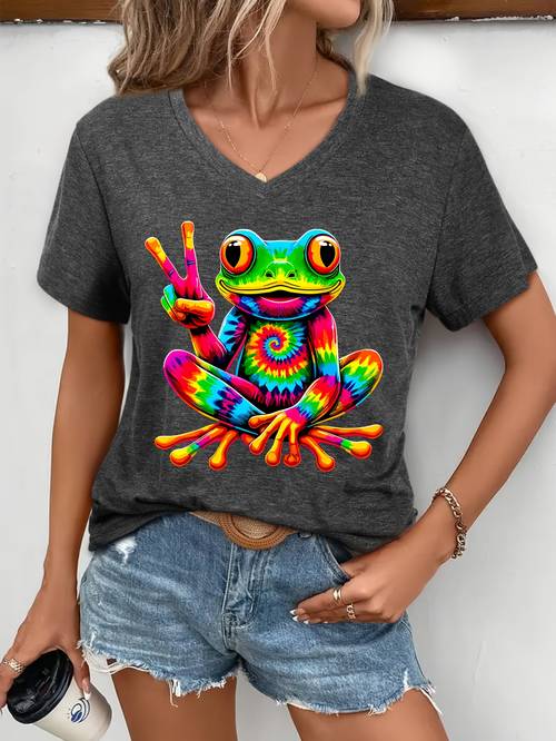 item picture tie dye frog peace lover t shirt neck short sleeve casual top suitable for festivals casual attire frog blouse