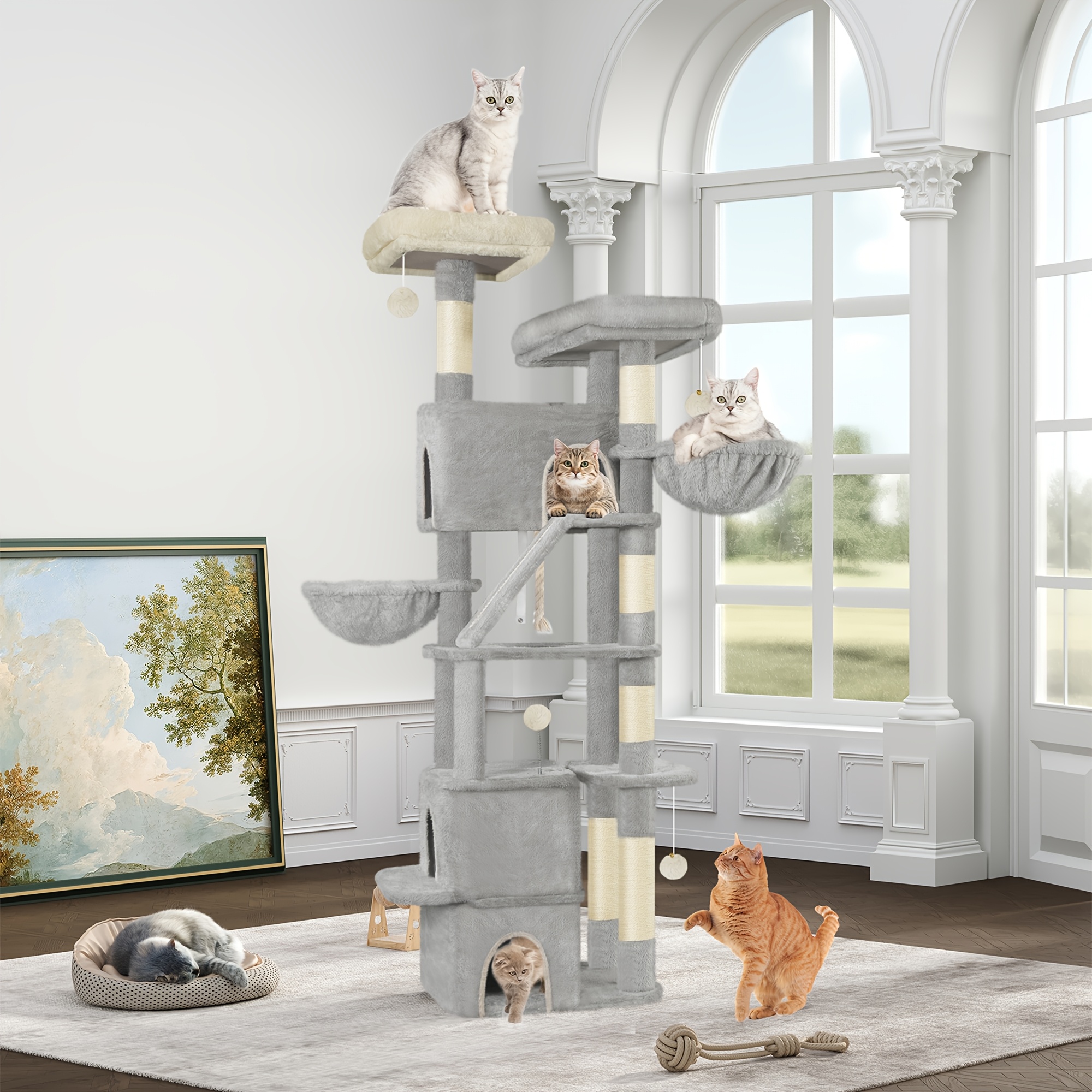 E-shop 185 cm hoher Kratzbaum, übergroßer Katzenbaum, Turm-Design für größere Katzen, siebeneckiger Kratzbaum, Katzenbaum mit drei Verstecken, sechs