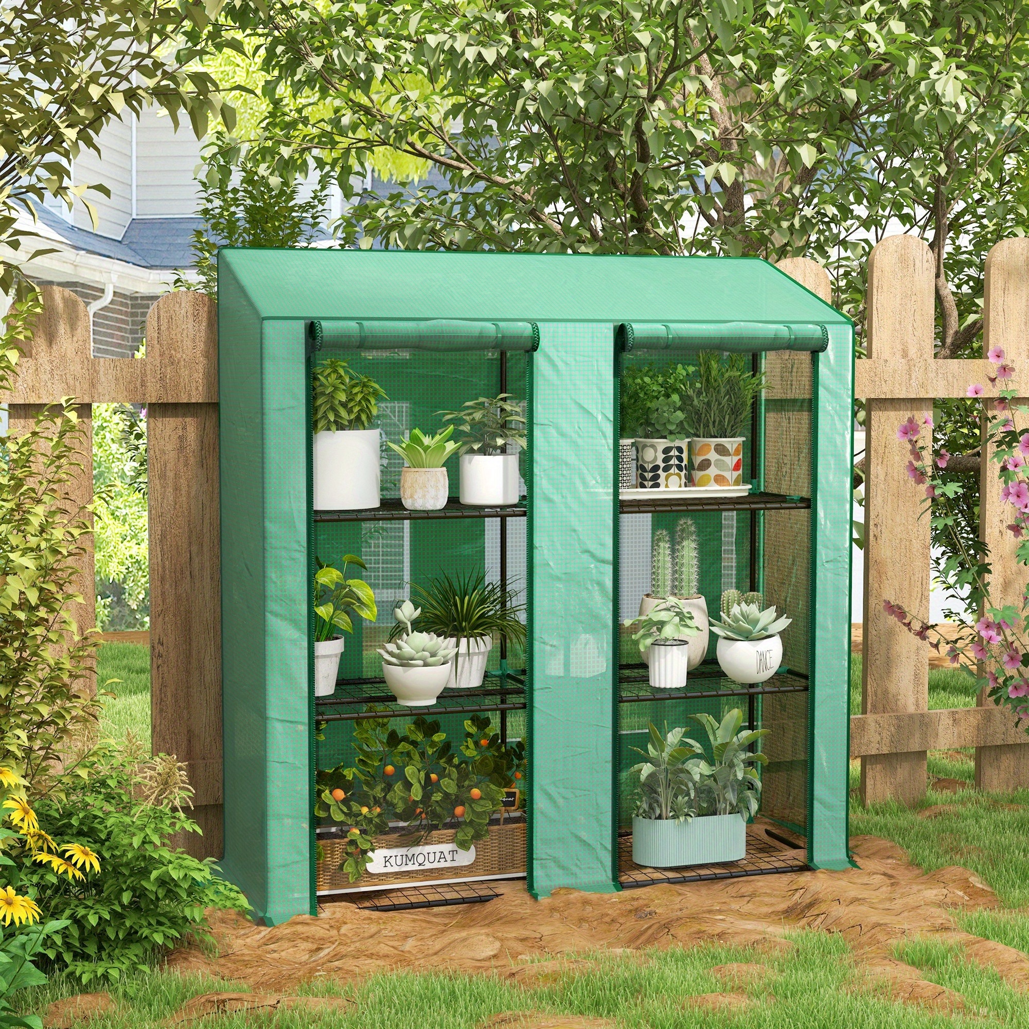 TEMU Outsunny Mini Greenhouse With 3 Tier 6 Shelves Portable Green House, Green