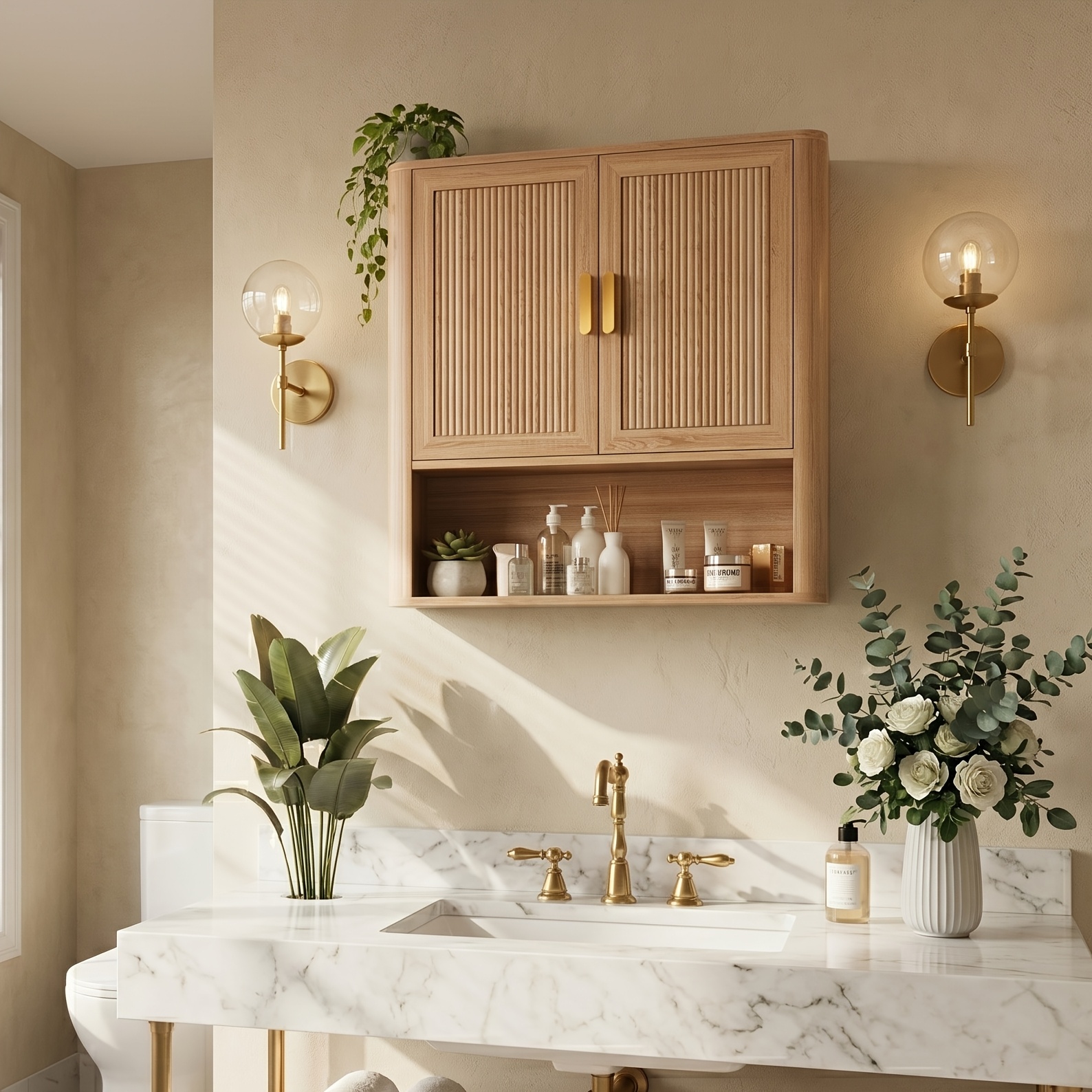 TEMU Modern Fluted Bathroom Wall Cabinet, 2-door Medicine Cabinet With Golden Handles, Wall Mounted Storage Organizer Over The Toilet For Laundry Room & Kitchen