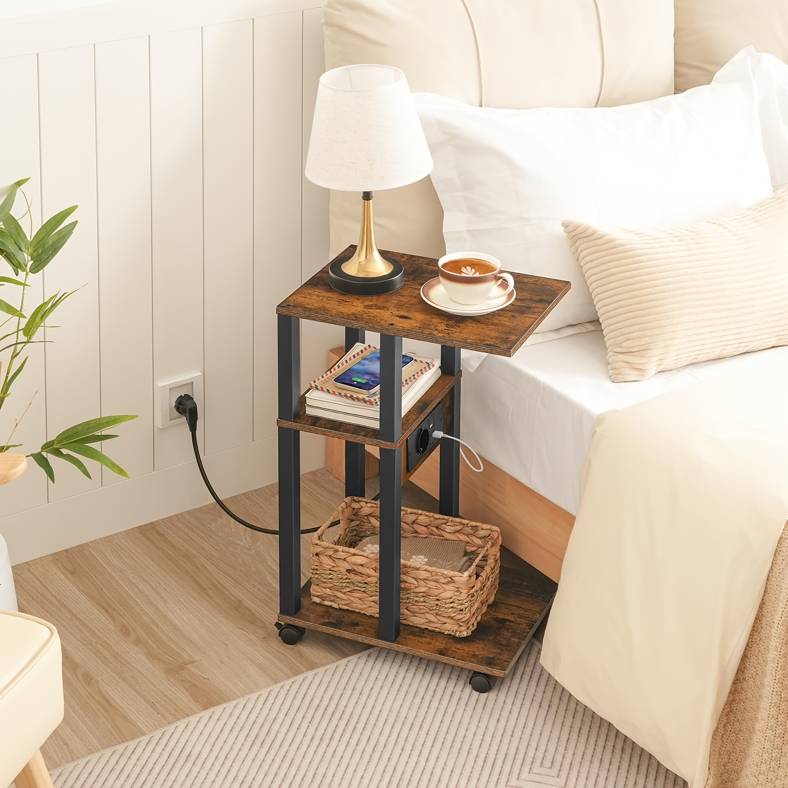 Side Table With Charging Station, Sofa Table, Armchair Table For Small Spaces, Narrow Bedside Table, Suitable For Living Room, Bedroom, Office, And Black