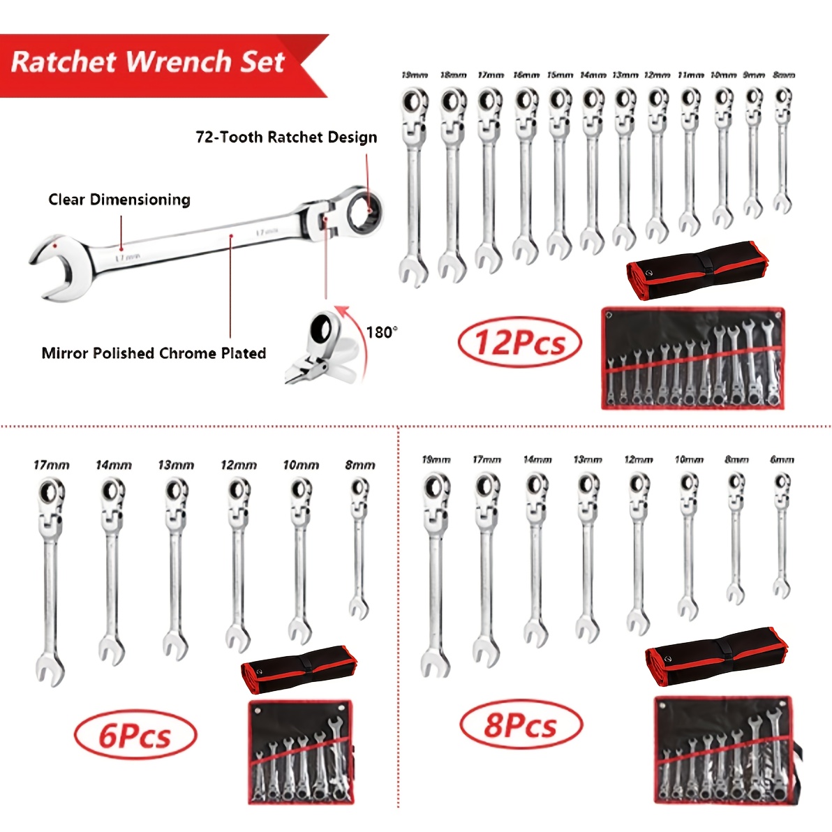 

6pcs/8pcs/12pcs Combo Ratchet Wrench Set - Socket Wrench Auto Repair Tool, Ratchet Wrench Set, Hand Tool Kit, Easy To Carry - Surprise Gift For , Fathers