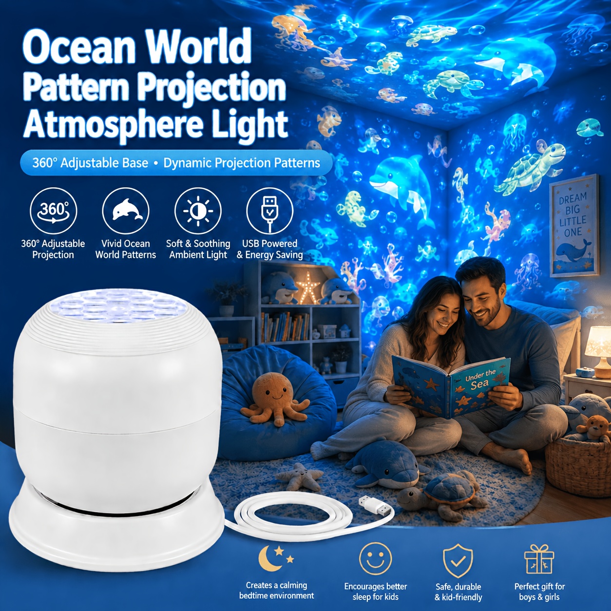 TEMU 360° Rotating Ceiling/wall Projector Night Light With Wave & Starry Ceiling Lamp, Usb-powered Suitable For Bedroom, Living Room, Game Room, For