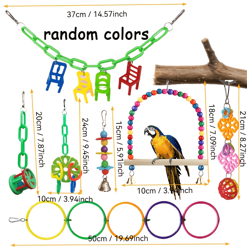 TEMU 7pcs Parrot Toy Set Packed In Wooden Birdcage, Instantly A Happy For ! Colorful Bead Swings, Chewing Strands, Hanging Rings, And Bell Toys