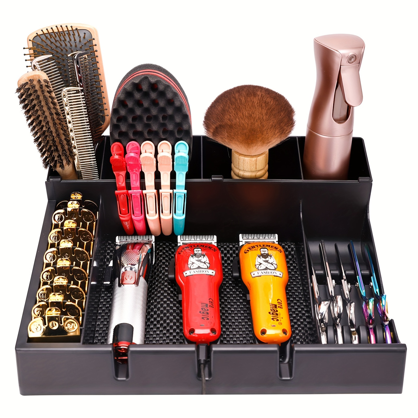 

Professional Hairdressing Tray, Hairdressing Tools, Scissors And Comb Storage Box, Black With Multiple Compartments, Scissor And Beard Brush Display Stand, Desktop Professional Tools For Hair Salon