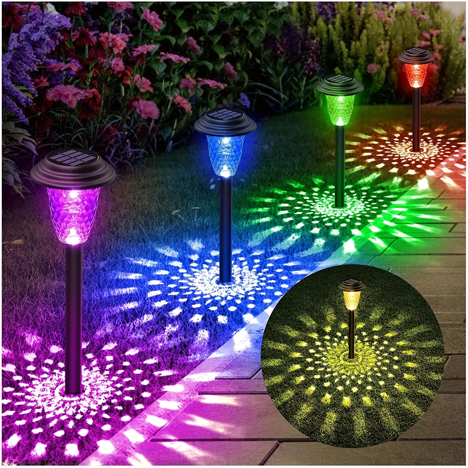 4   outdoor solar   lights rgb colorful warm white led solar stake lights with 10 hour   durable plastic polished   vintage lantern design for garden yard landscape patio driveway solar outdoor lights  way lights stylish     construction decorative   lights garden enthusiasts Product details 1
