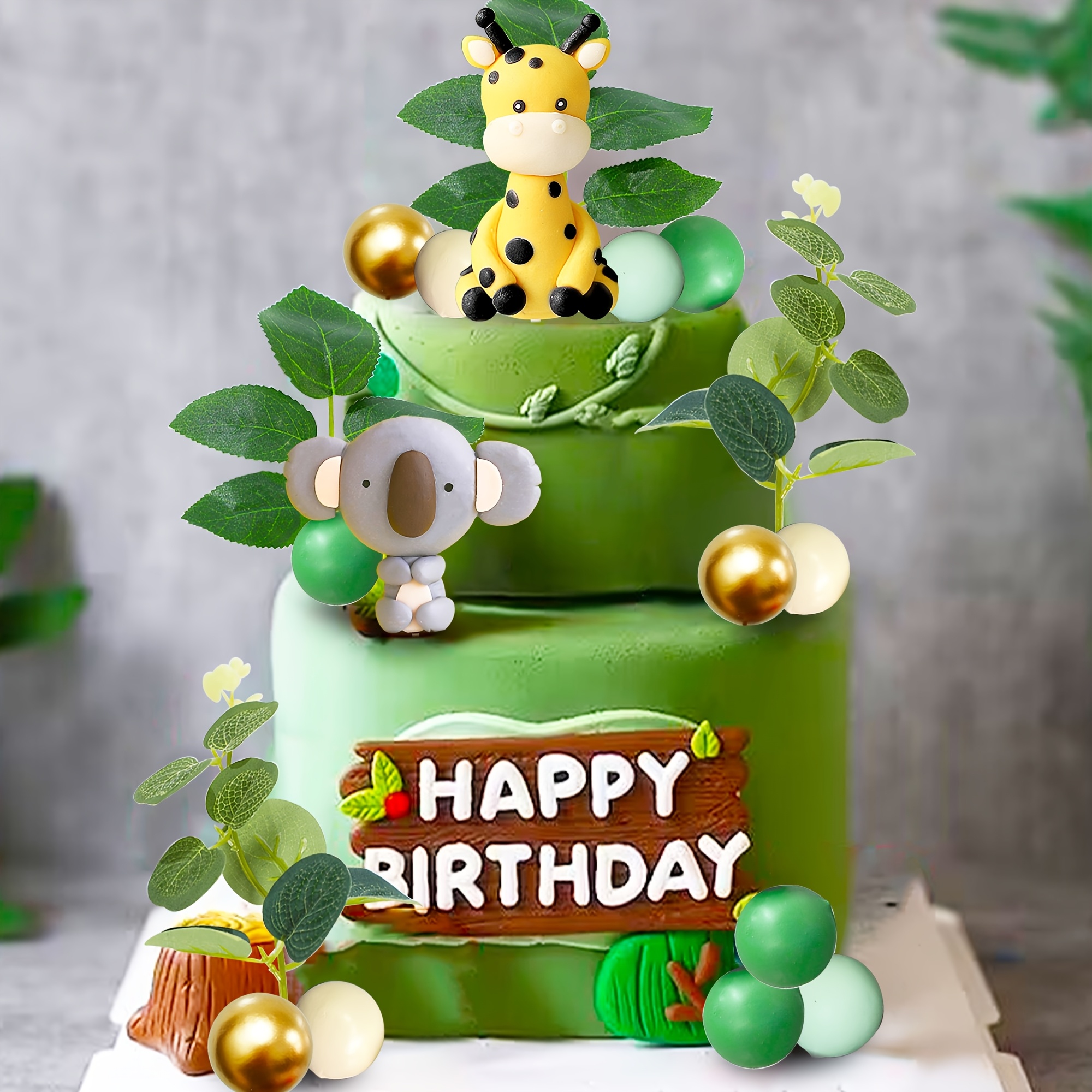 JeVenis Décorations Gâteau Thème Jungle - 4 Animaux, Panneau "Happy Birthday", Arc-en-ciel - Pour Anniversaire Enfant, Baby Shower