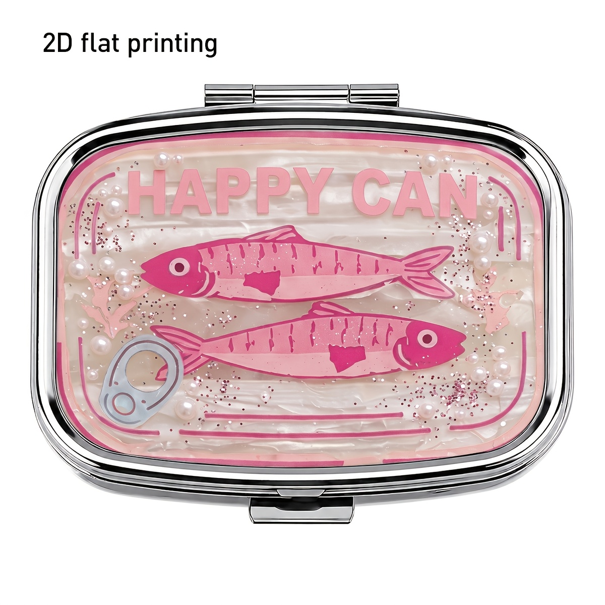 TEMU 1pc, 2d Flat Printing, Pink Transparent Fish Can And Square Portable Medicine Box, Sparkling Sweet , Metallic Double-slot Design For Organizing