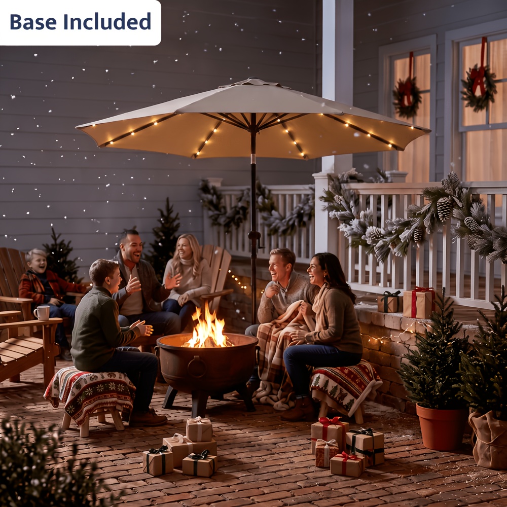TEMU Solar 9ft Market Umbrella With Base, Deluxe 32 Led Lighted Patio Umbrella, Patio Umbrellas Outdoor Table Umbrella With Ventilation, Solar