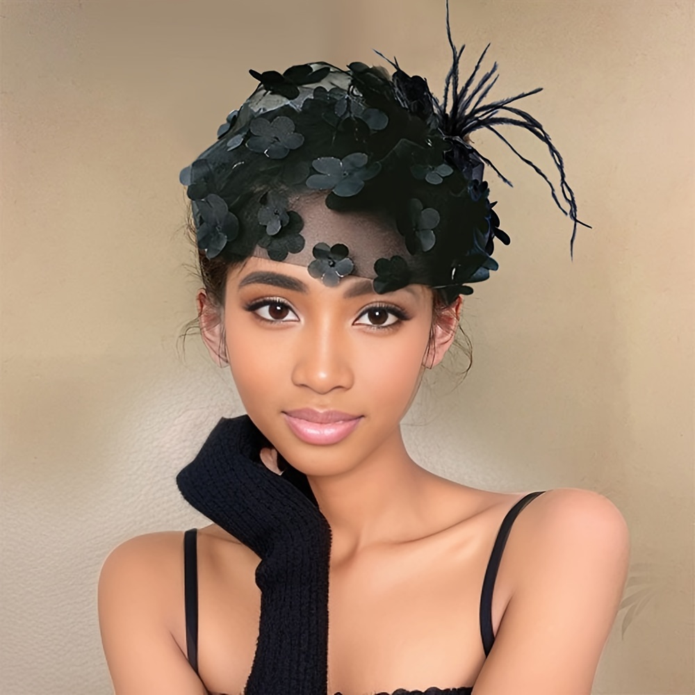 

1pc Elegant Sparkling Embellished Mesh Flower Headband-party Wear, Suitable For Christmas, New Year's Day, Valentine's Day Gift Ornaments-simulated Feather Semi-bowler Hat Accessory