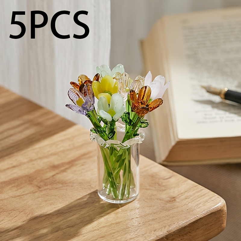 TEMU 5pcs Tulip Mini Glass Flowers With Vases Random Color Glass Flower Decorative Arrangements For Women, Mother's Day, Birthdays, Office,