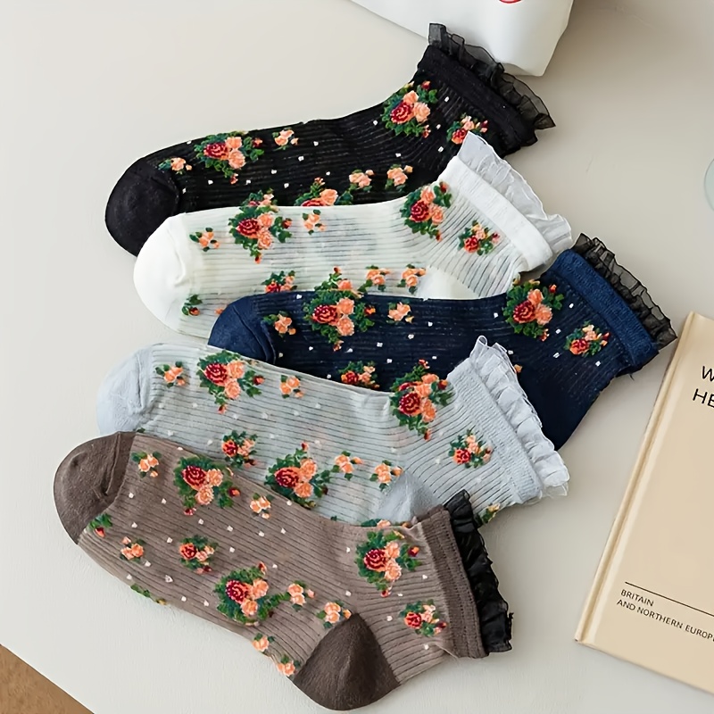 E-shop 5 Paar Frühlings-Sommer Damen Bootssocken Dünne Atmungsaktive Kurze Tubensocken Japanische Spitze Blumenmuster Kleine Blumen Bootssocken