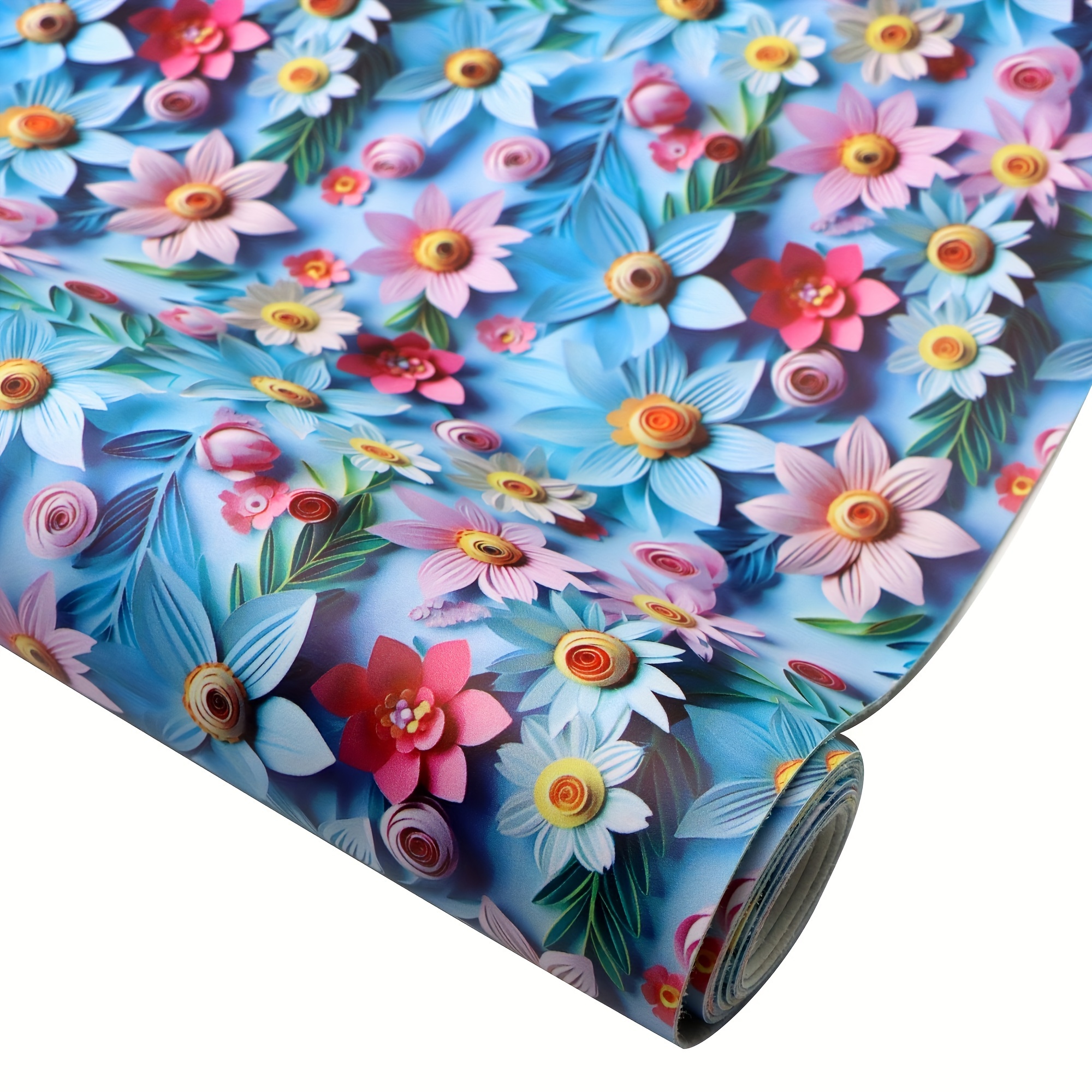 Image of 1roll 11.8x55.1in Smooth Textured Faux Leather Sheet 3d Scene Flowers Floral Printed Synthetic Faux Leather Fabric Roll For Earrings Hair Bows Crafts Bag Projects Supply