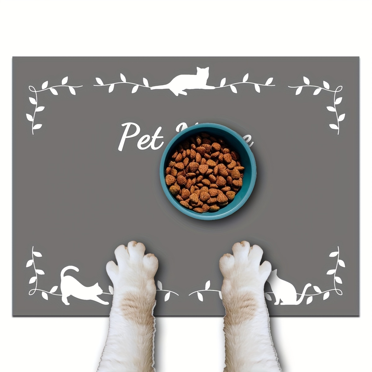 TEMU 1pc Customizable Cat Feeding Mat With Personalized Name, Cute Cartoon Cat & Leaf Design, Non-slip Polyester Pet Food & Water Bowl Mat, Durable