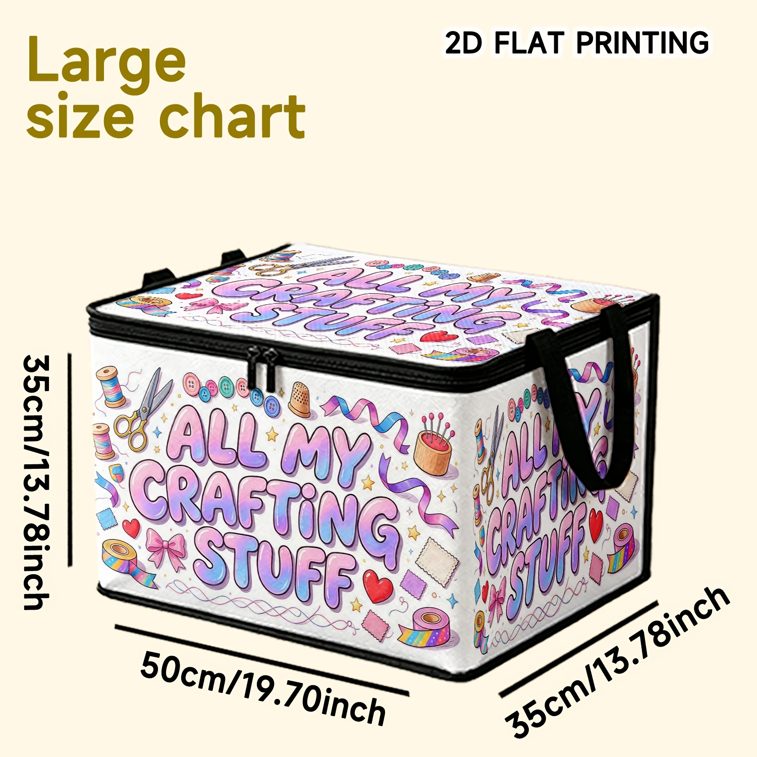 TEMU 1pc Fun " Crafts" Printed 2d Flat Foldable Storage Box With Lid - Large Capacity Soft Fabric Organizer, Multiple Sizes , Ideal For Home, Office,