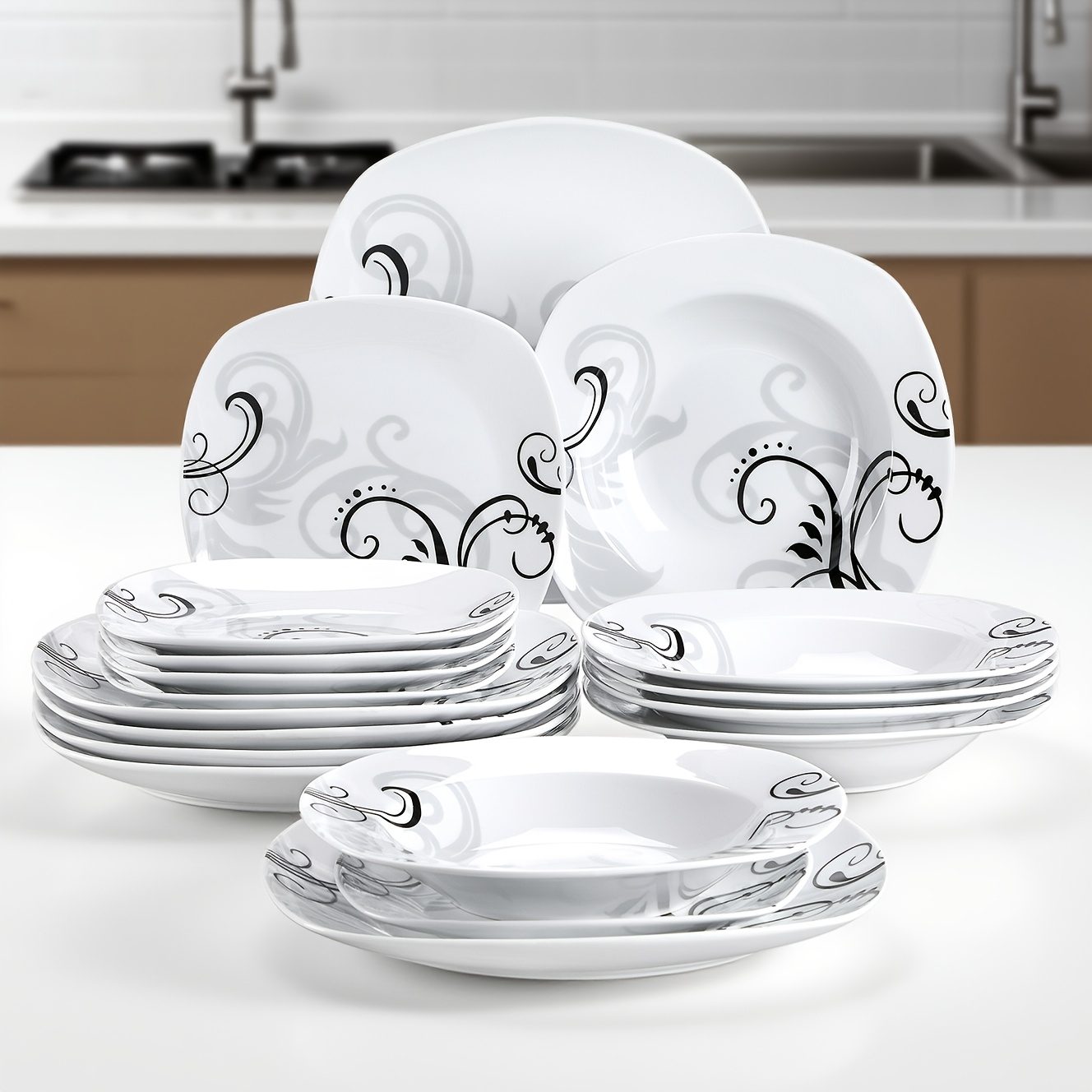 TEMU Set di stoviglie da 18 pezzi, al microonde e al lavastoviglie, servizio per 6 persone, set completo da cucina da 18 pezzi, set di e ciotole,