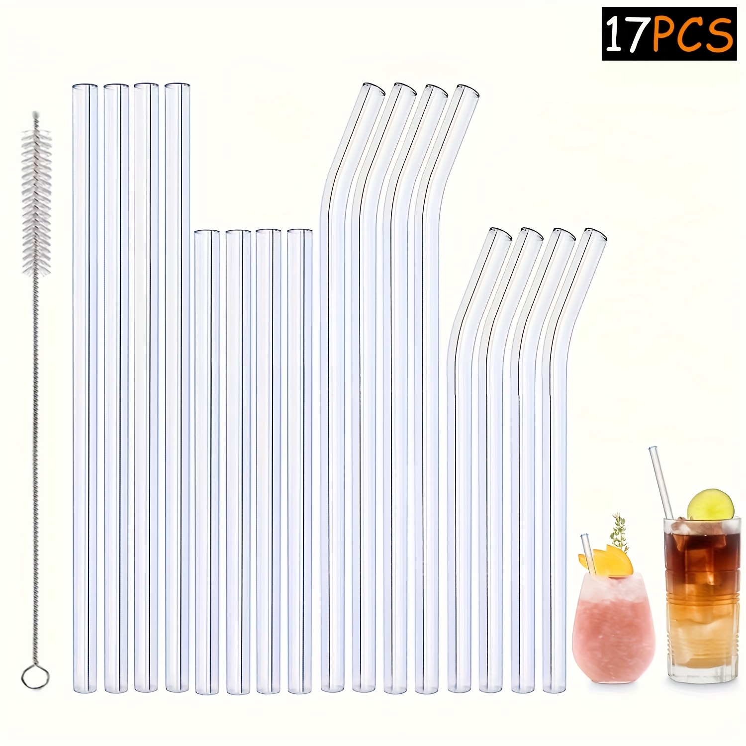 TEMU 9/17pcs Durable Glass Straws Set, Perfect For Juices, Milk & Drinks – Easy To Clean, Ideal For Christmas, Halloween, Thanksgiving, Graduation
