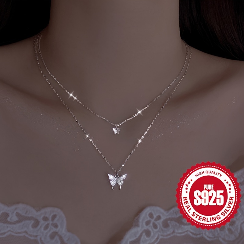 

925 Sterling Silver Sparkling Double Layer Butterfly Exquisite Pendant Necklace Bling Bling Hypoallergenic Cute Elegant Ladies Versatile Daily Wear Sweet Temperament Jewelry Gift