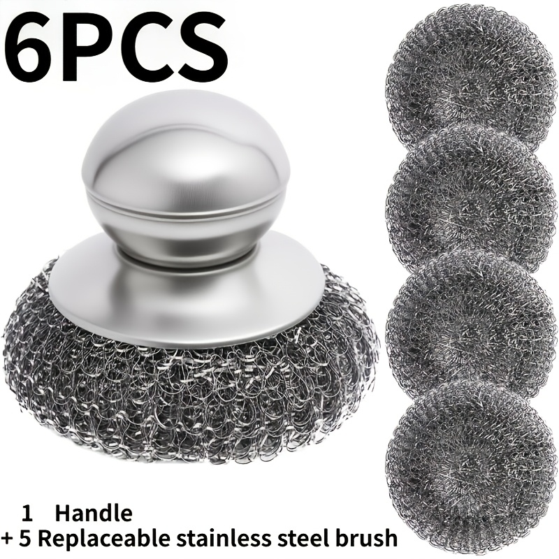 TEMU Lot de 6 pièces : 5 récureurs en fil d'acier + 1 manche, brosse de récurage de cuisine en acier inoxydable avec têtes de brosse amovibles en