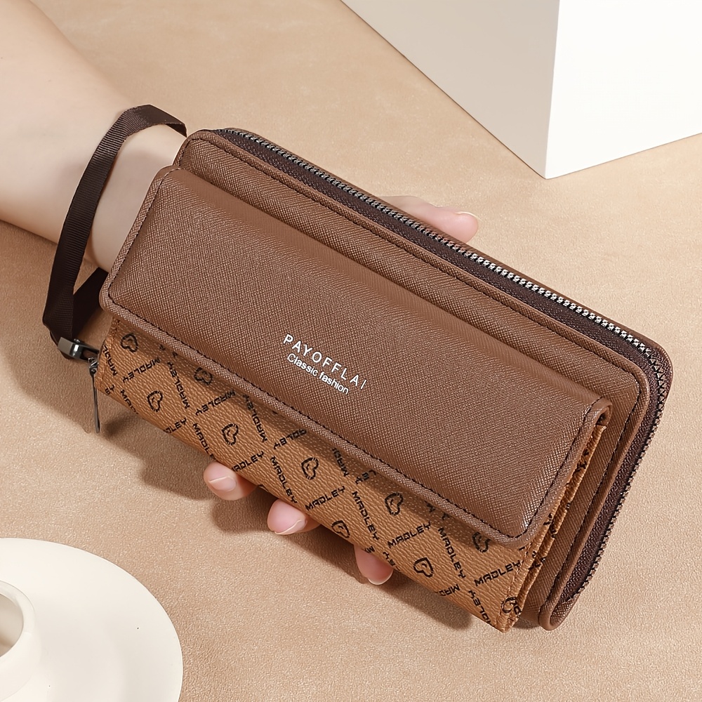 TEMU Classic Pu Women's Wallet - Double-layer Design With Snap Closure, Zippered Card Holder And Photo Compartment, Unisex Long Statement Wallet