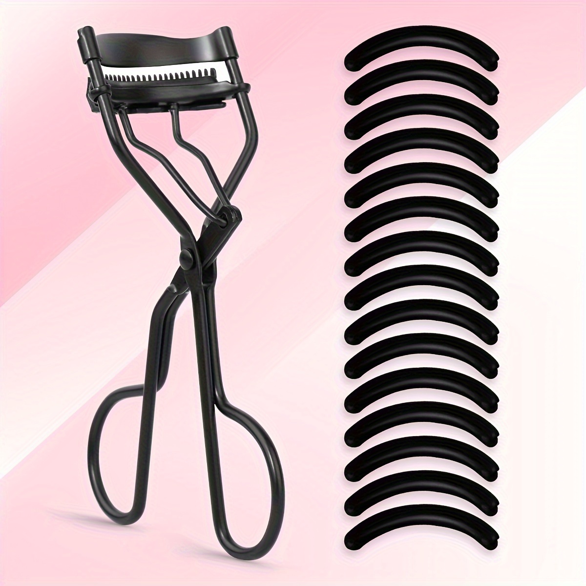 Image of 1pc Portable Eyelash Curler And 15 Pads, Stainless Steel Curved Handle Eyelash Curler, Curling & Shaping, Not Hurting Eyelashes, Lash Lift, , For Women Eyelash