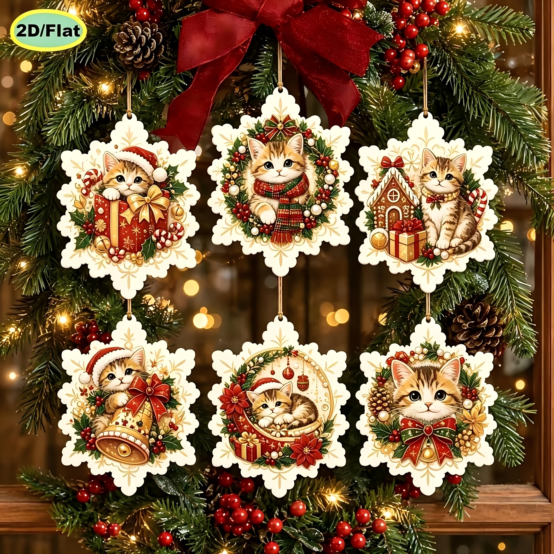 TEMU 6pcs Wooden Tag Hanging Ornament Set, Christmas Cat Theme, Christmas Tree Hanging Decor, Window Display Scene Setup, Creative Holiday Handmade