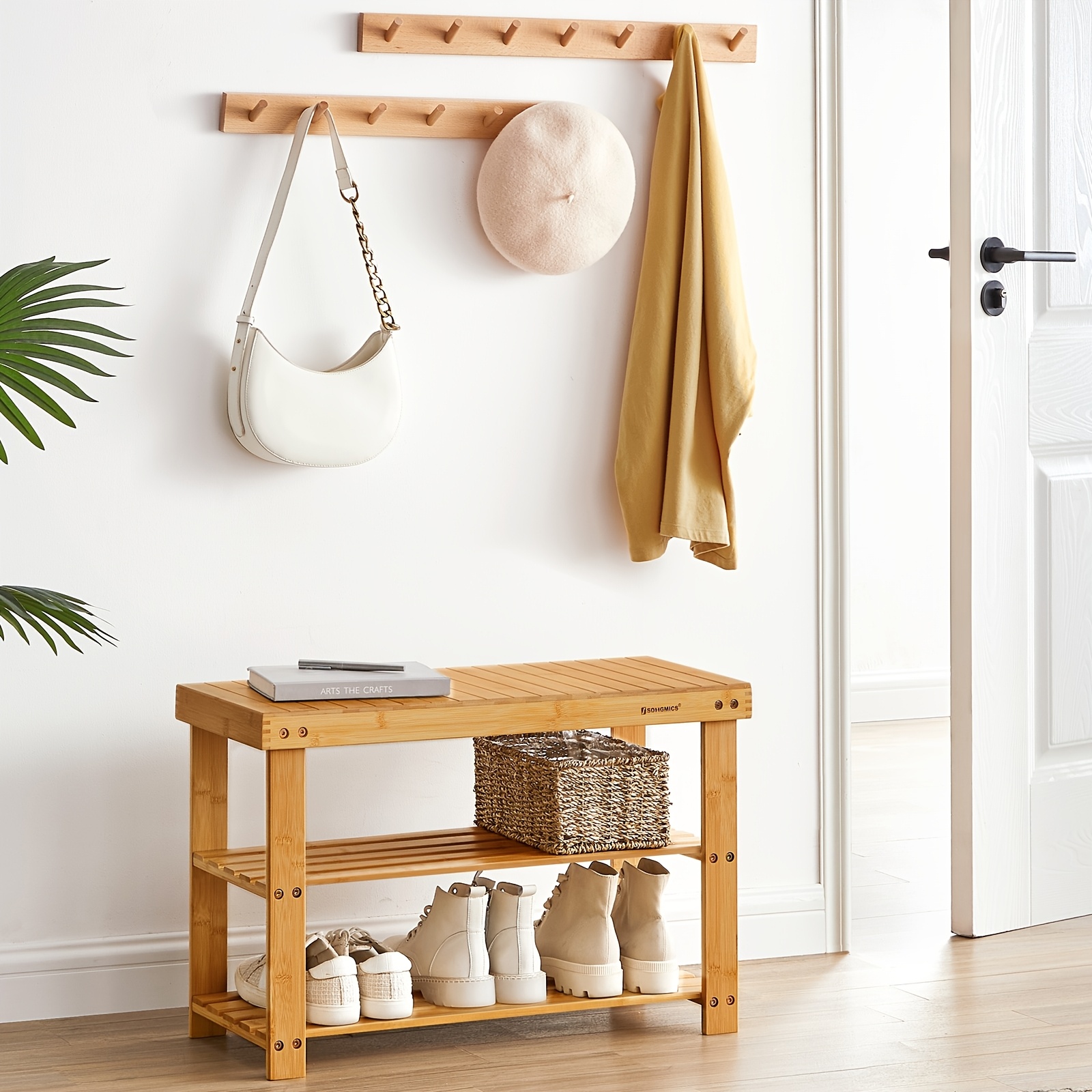 TEMU Banc à Chaussures, Naturel, Organisateur de Rangement à Chaussures en Bambou à 3 Niveaux, 11.3 X 27.6 X 17.8 Pouces