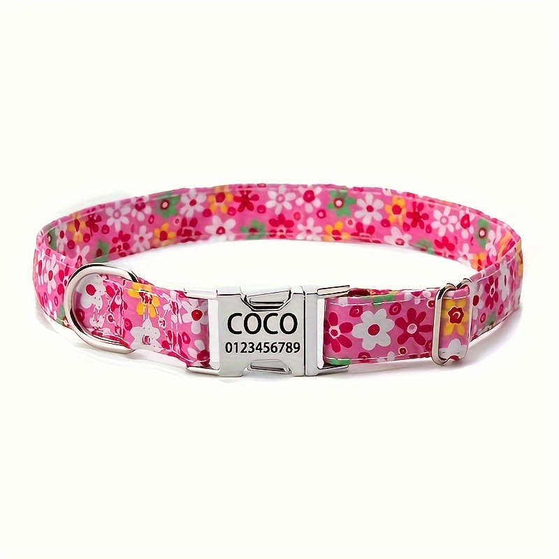 TEMU A Personalized Sweet Floral Custom Pet Collar, Featuring An Id Tag Engraved With And Phone Number, Adjustable And Made Of Soft Durable Material,