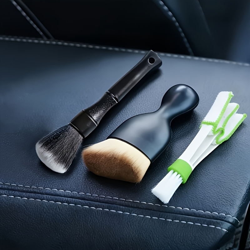 TEMU 3pcs Car Interior Cleaning Brushes With Lid - Short And Long Dual-, Soft Bristles, For Detailed Cleaning, Trace-free Car Interior Dusting Tool,