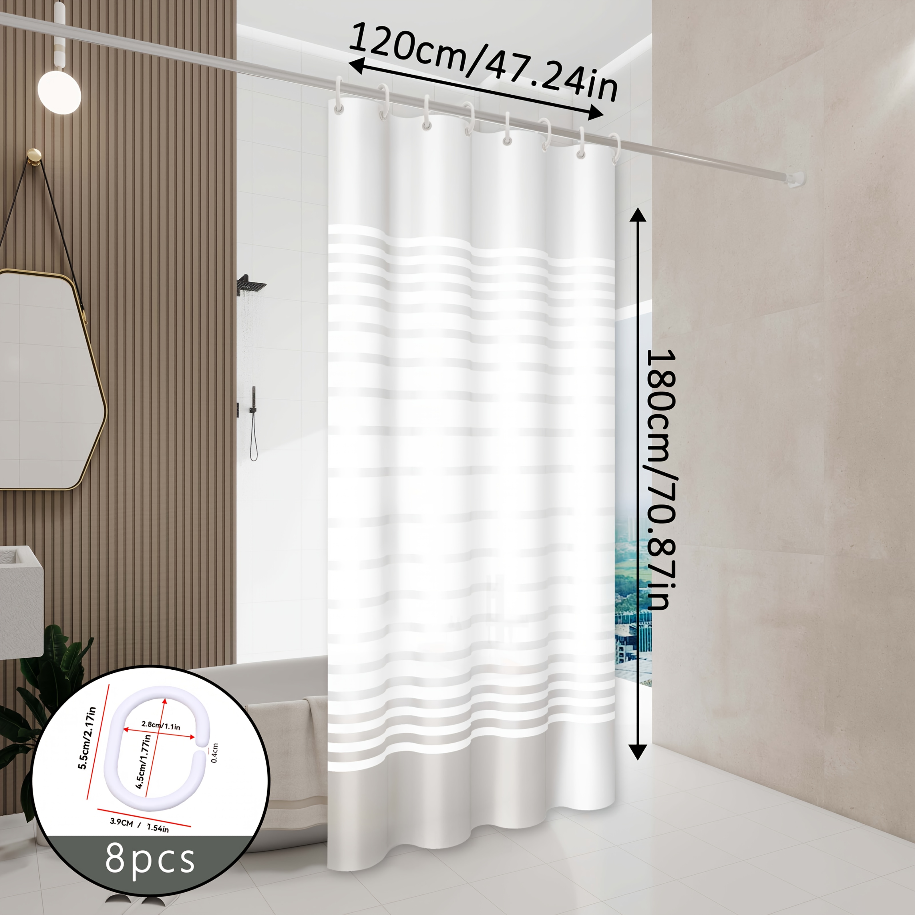 TEMU Minimalist Modern White Striped Shower Curtain, No-drill Installation, Optional Universal Partition Curtain With Hooks