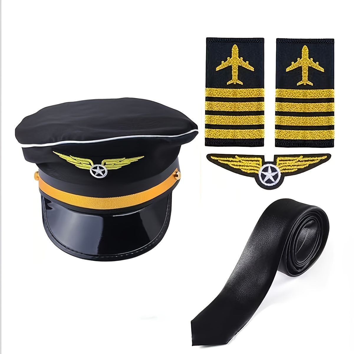 TEMU Ensemble de Casquette d'Aviation, Accessoires d'Uniforme de Capitaine, Casquette de Capitaine, Épaulettes, Badges, Cravates, Ensemble de Jeu de