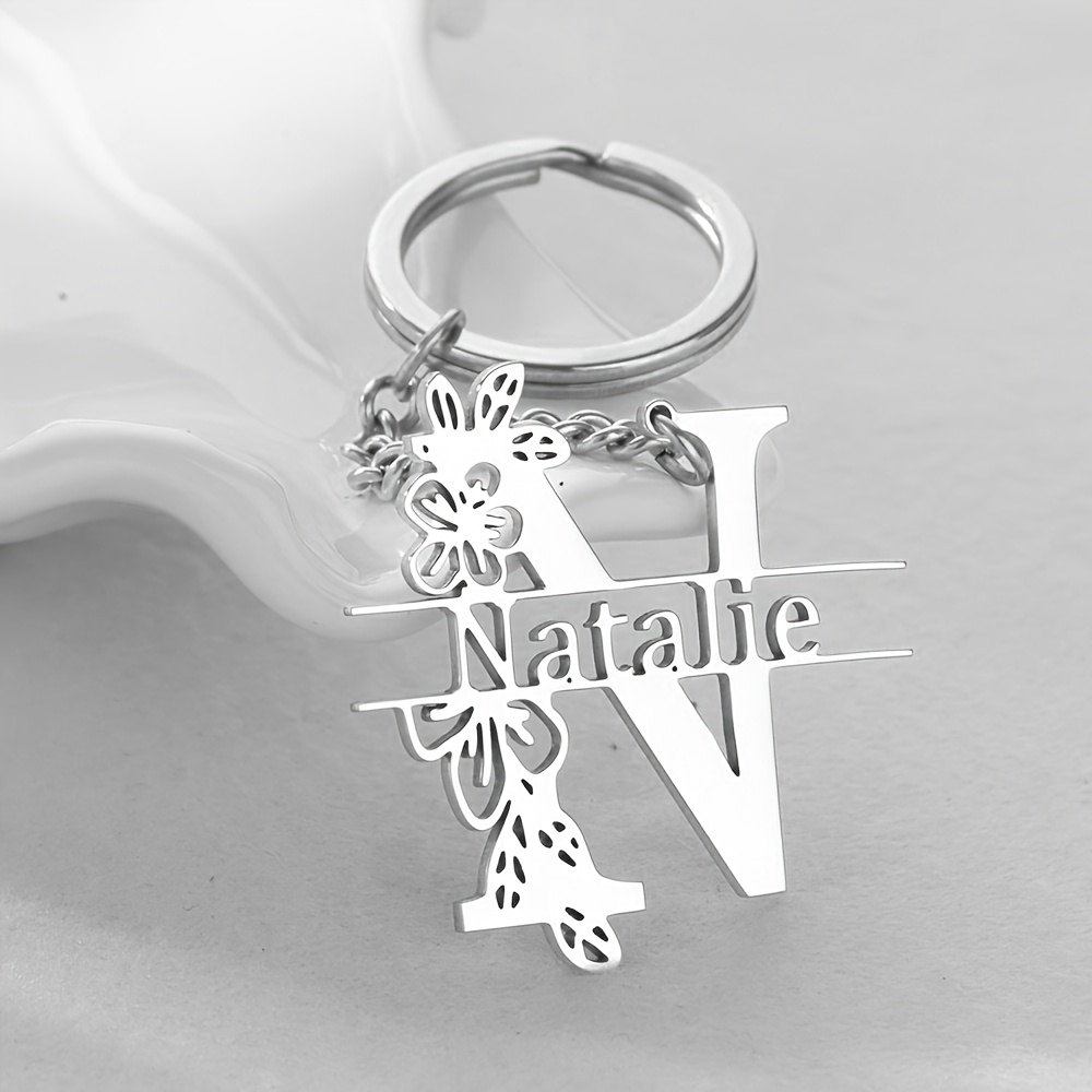 TEMU LLavero Personalizado de Acero Inoxidable - Grabado con y , Diseño Floral, Estilo Minimalista Elegante, Regalo Duradero para Graduación, Navidad