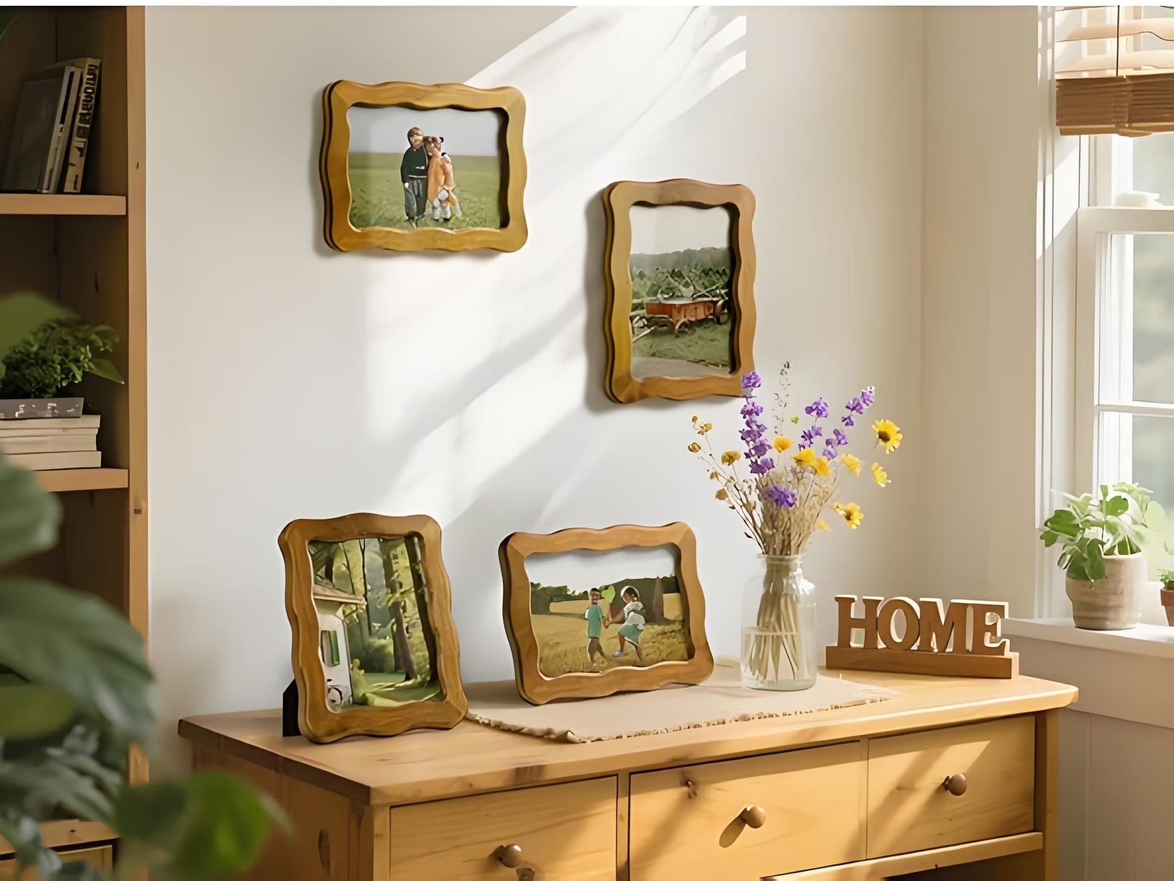5x7 Picture Frame, Display Pictures 5x7, Wavy Edge Wood Photo Frame for Tabletop and Wall Hanging, with Clear Glass for Vertical or Horizontal Display, Rustic Brown, 1 Pack