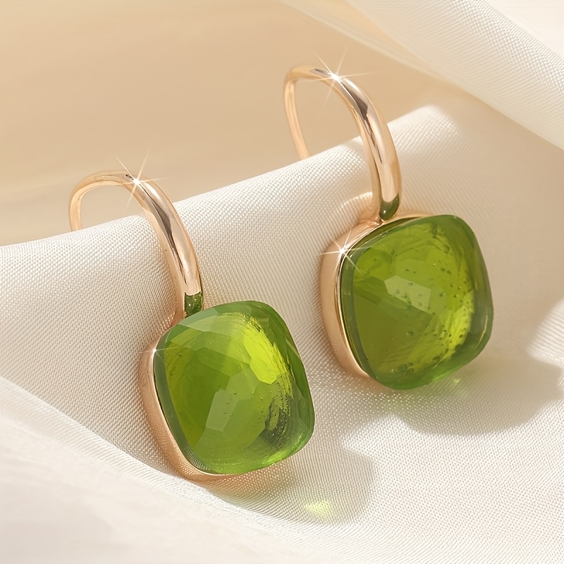 Women's High-End Green Square Faceted Cut Glass Earrings