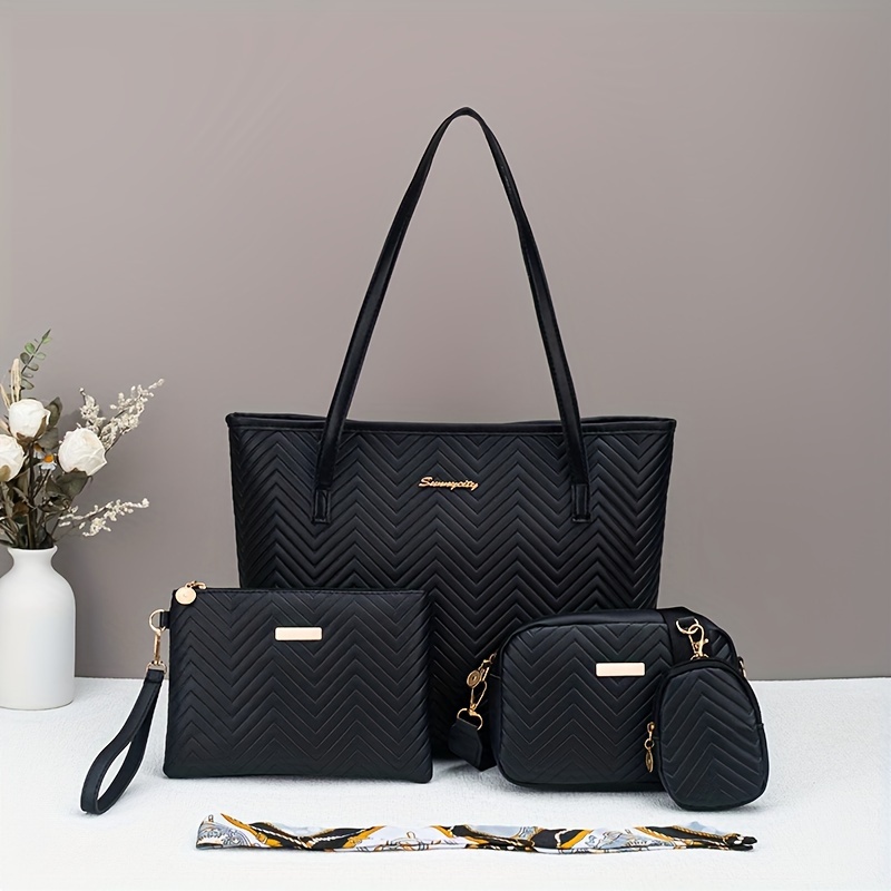 

4pcs Argyle Pattern Leather Handbag Set - Elegant Tote, Clutch, Crossbody Bag With Zipper Closure, Polyester Lined, For Daily - Black