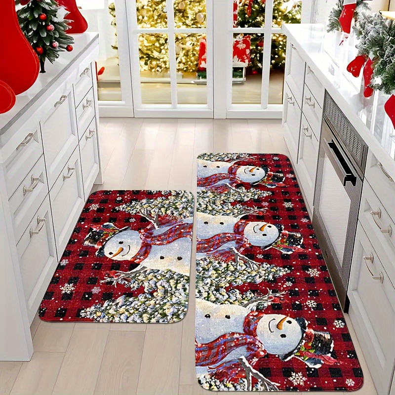 

Merry Christmas 2/3pcs Kitchen Rug Set - Snowman & Buffalo Plaid, Non-slip, Absorbent Mats In Red & Black - Machine Washable Farmhouse Decor For Floors