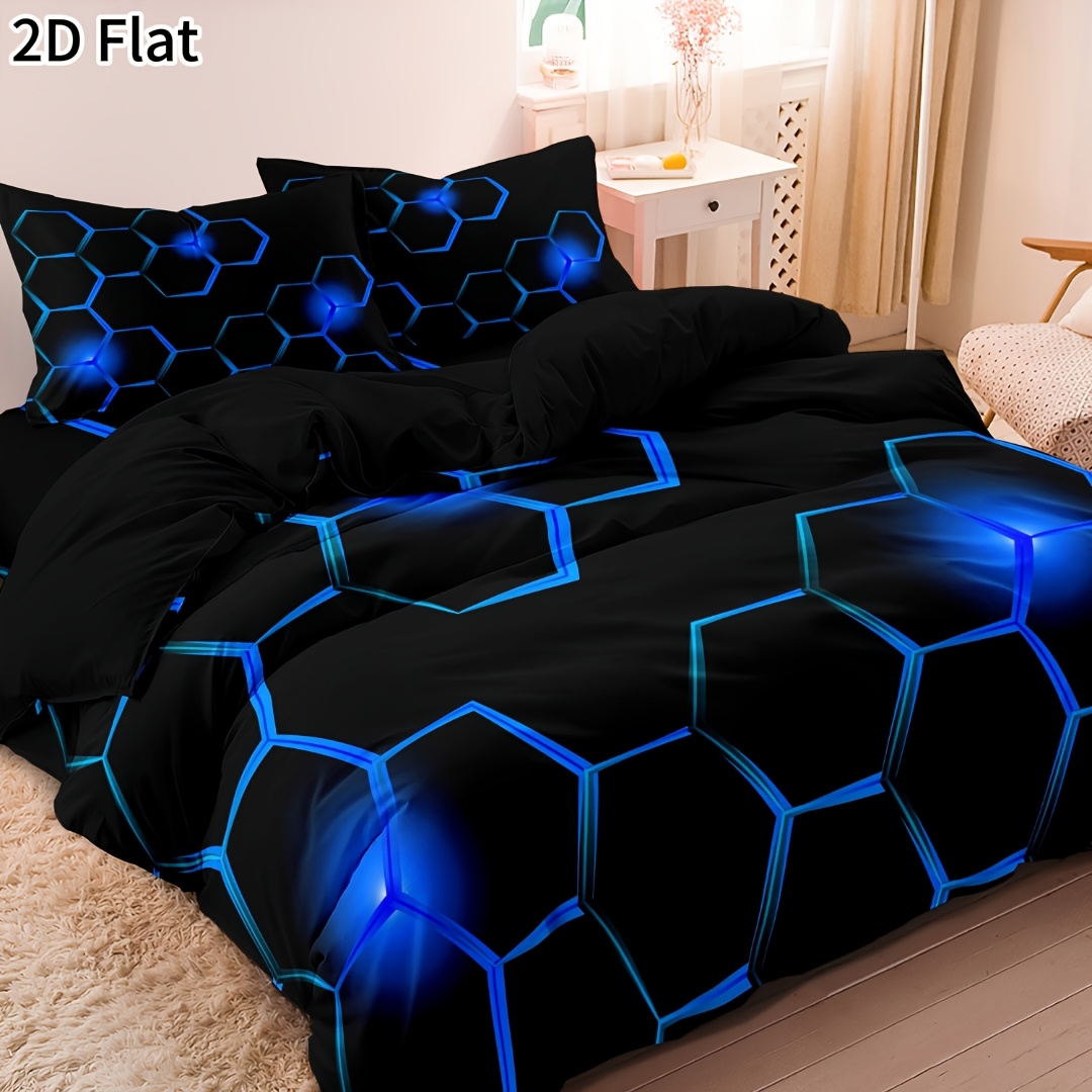 TEMU 3pcs 2d Flat Blue/red/purple/green/ Geometric Hexagon Honeycomb Grid Pattern Print Quilt Cover Set, -soft Cozy Bedding, For Room Decoration, 4