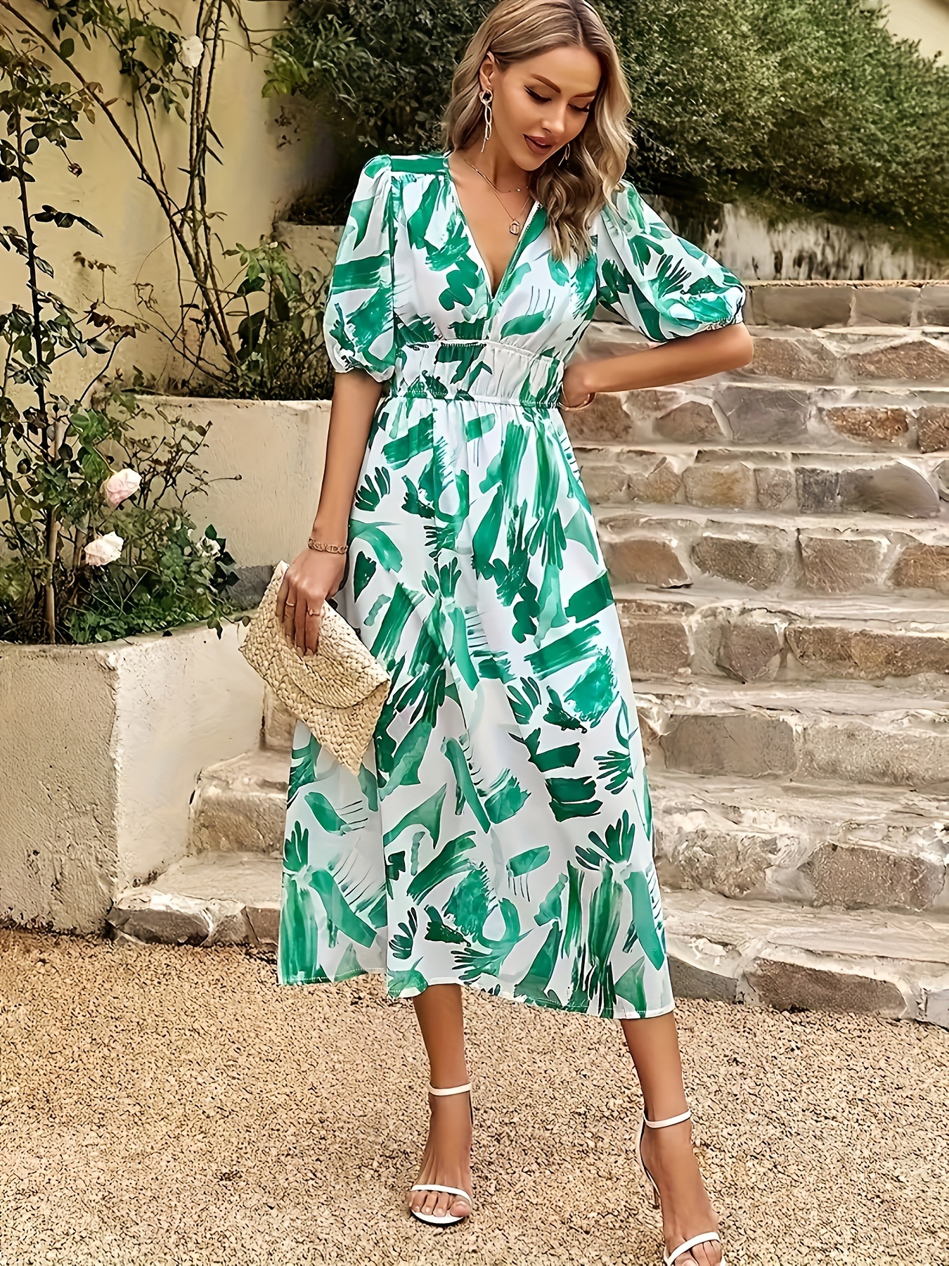 elegante bloemen v-hals jurk voor vrouwen - polyester, machinewasbaar, niet doorschijnend met geometrische patronen, perfect voor alle seizoenen 1