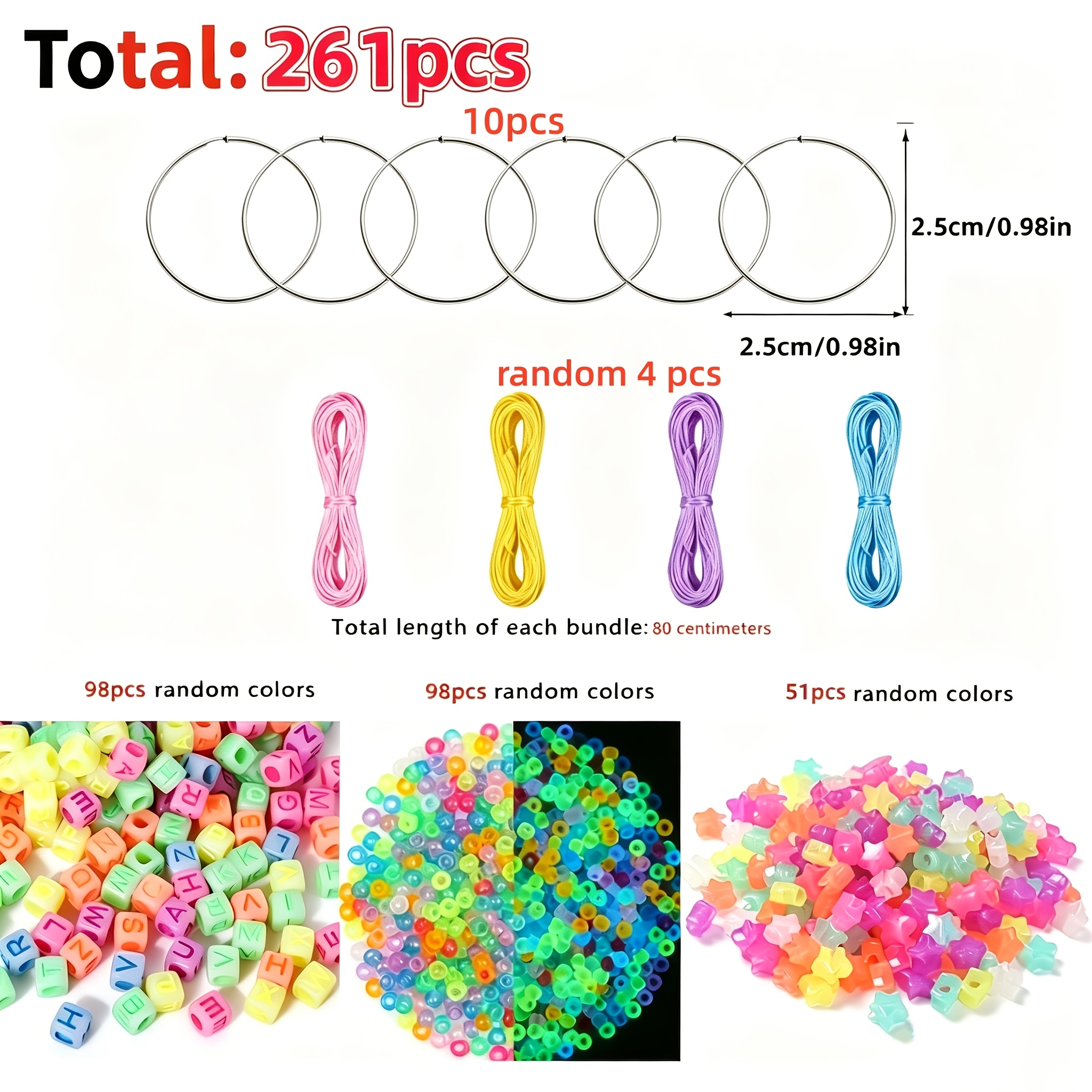TEMU Kit de fabrication de porte-clés de 261 pièces 300G, fournitures d'artisanat printemps été, perles aléatoires phosphorescentes, lettres, étoiles