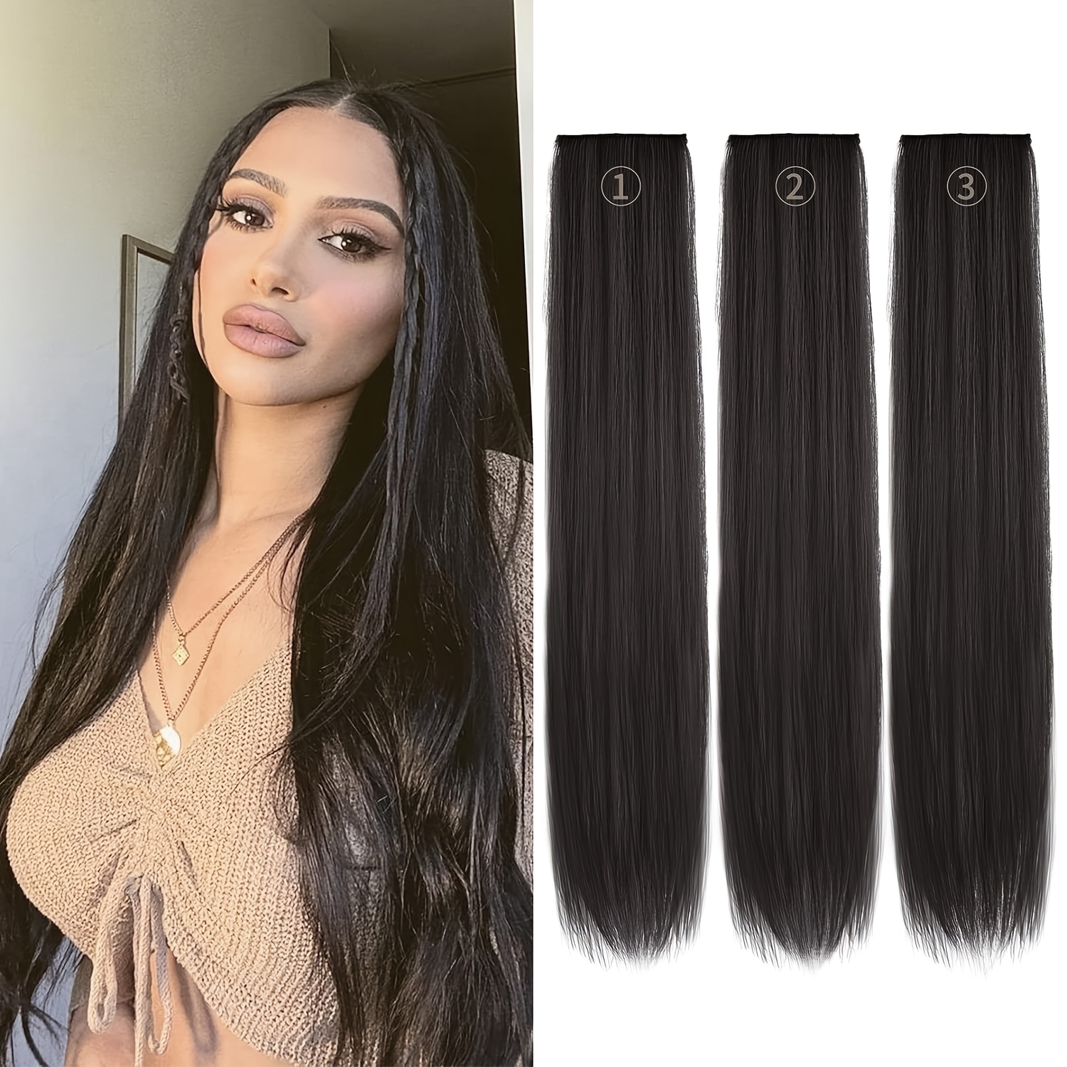 3pcs thick long straight set clip in on hair extensions for women girls details 3
