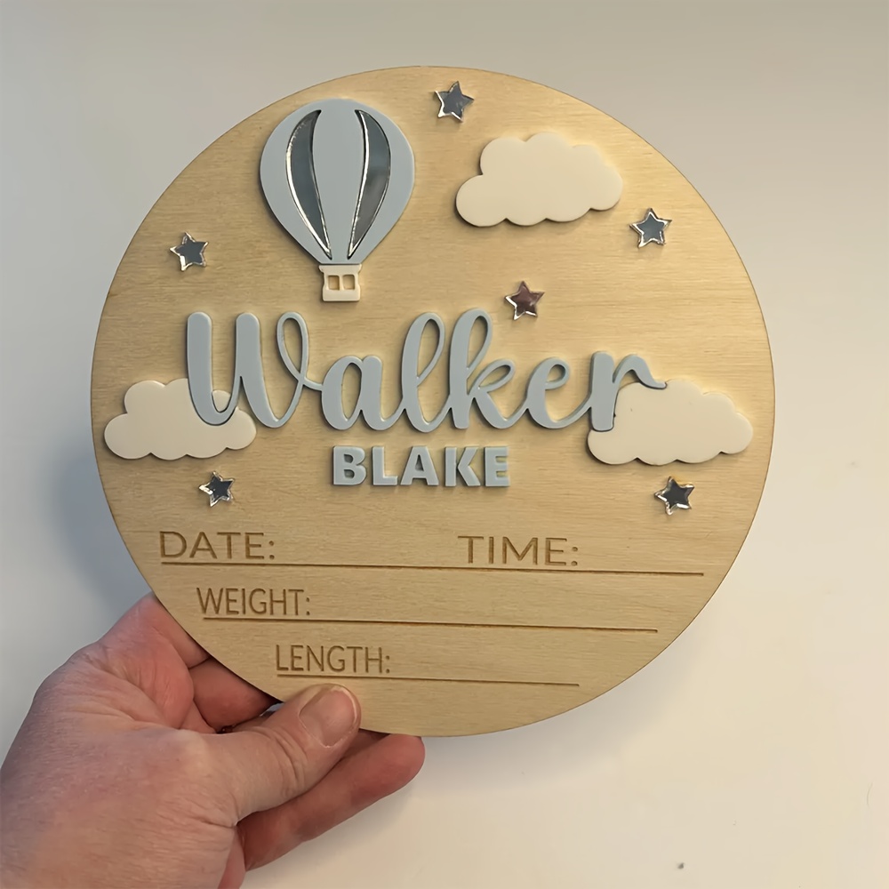 TEMU 1pc Personalized Hot Air Balloon Announcement Sign - Custom Name, Weight & Length - Wooden Base With Balloon & Clouds - Birthday/shower
