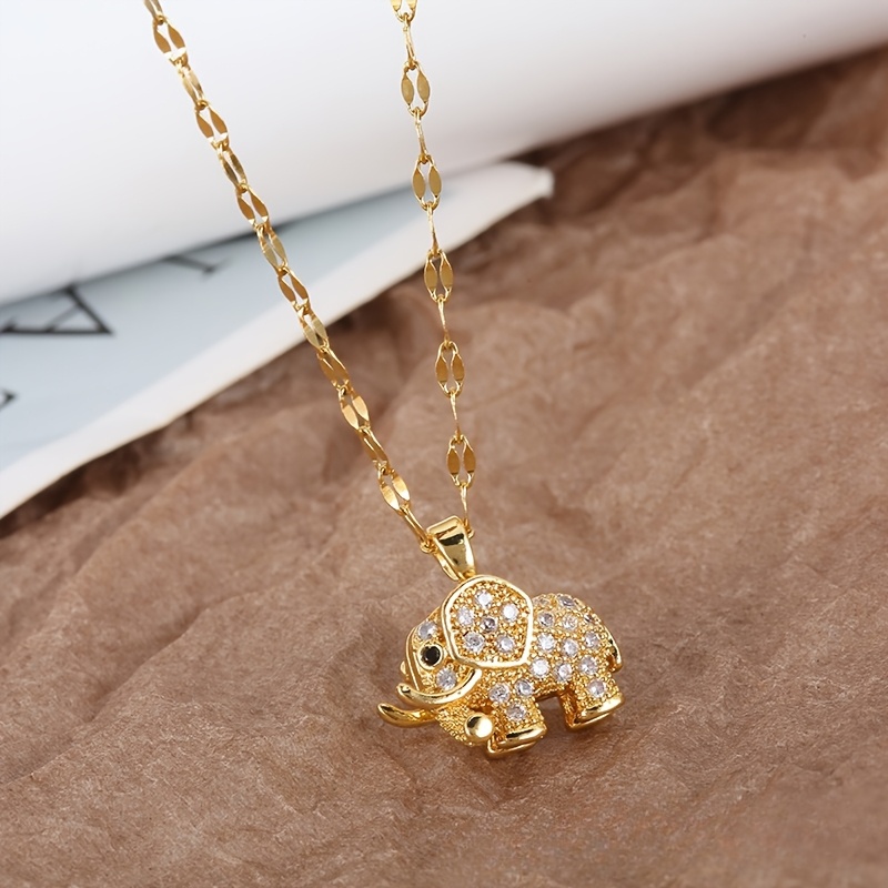 E-shop [Edelstahlkette] Leichter Luxus Mikro-Einlegearbeitung Echtgoldene Dreidimensionale Elefanten-Halskette für Damen, Neue Schlüsselbeinkette,