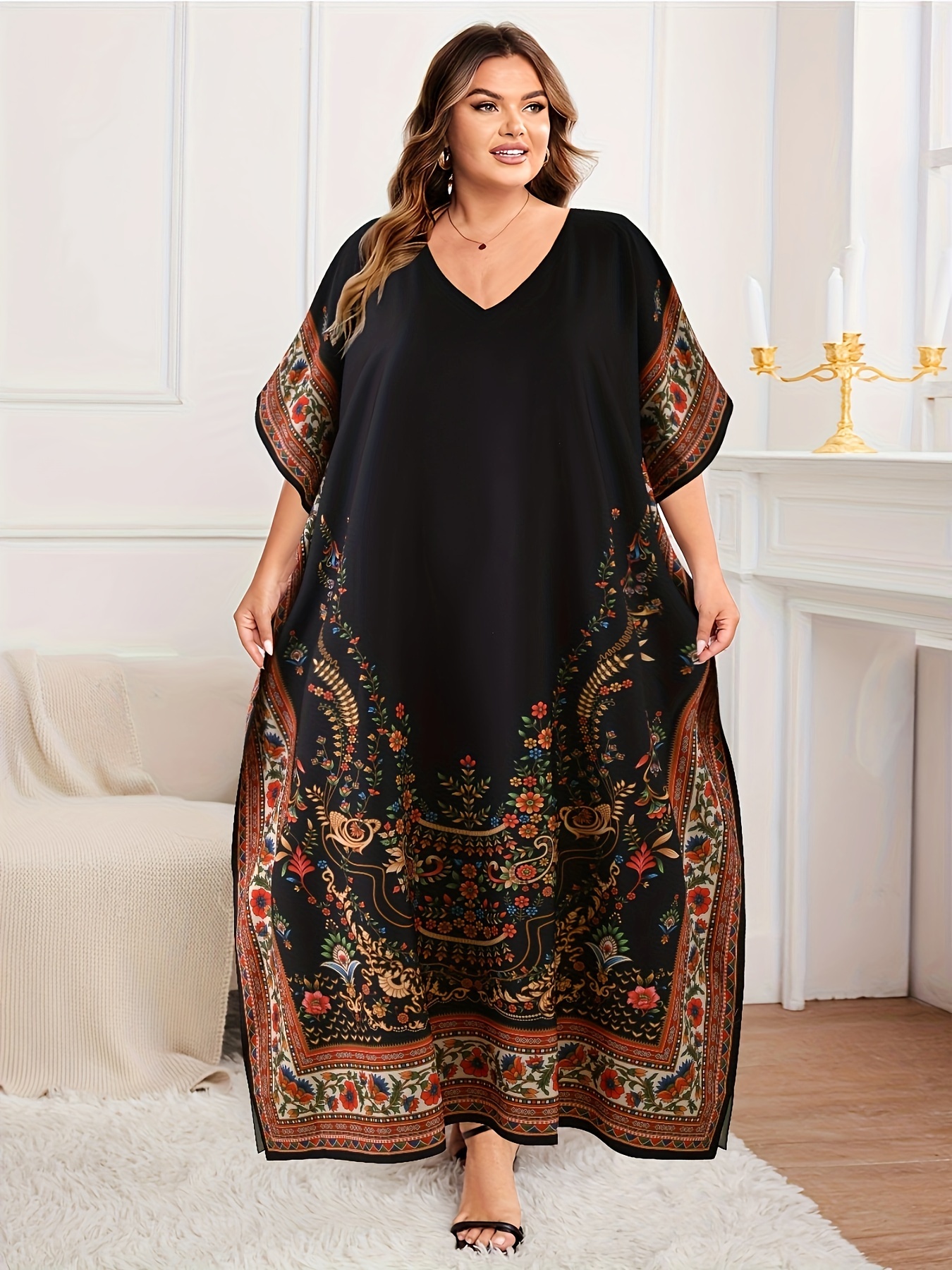 plus size long beach dresses Flower Plus Size Long Beach Red Kaftan Dress Bsubseach 7172-2 / One Size main image 1
