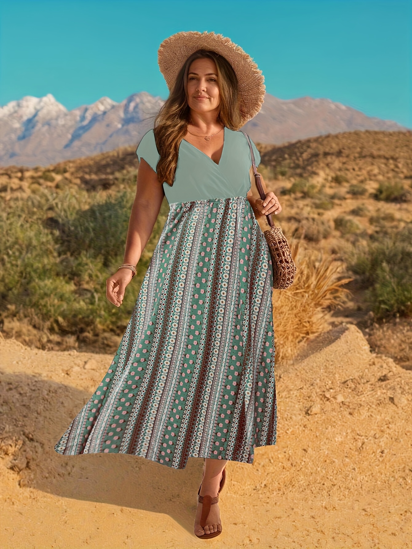 Plus Size Women's Sleeveless Daisy Floral Print Dress Cross Neckline  Fitted Top Flowy Skirt, Machine Washable Spring/Summer Casual Vacation  Dress,