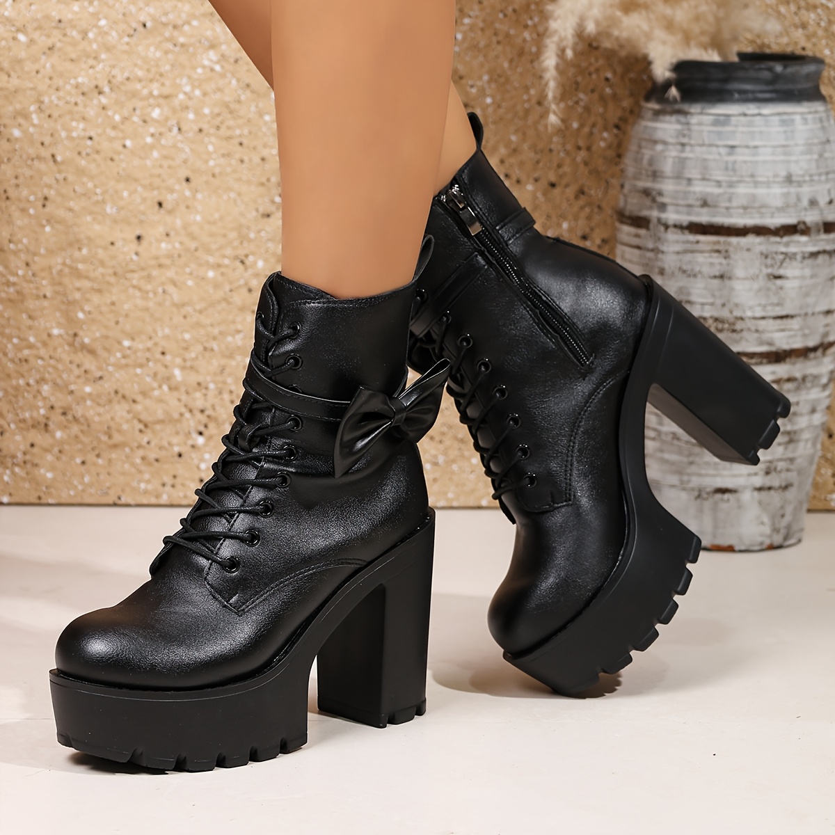 women black lace up ankle boots sold on Temu United States