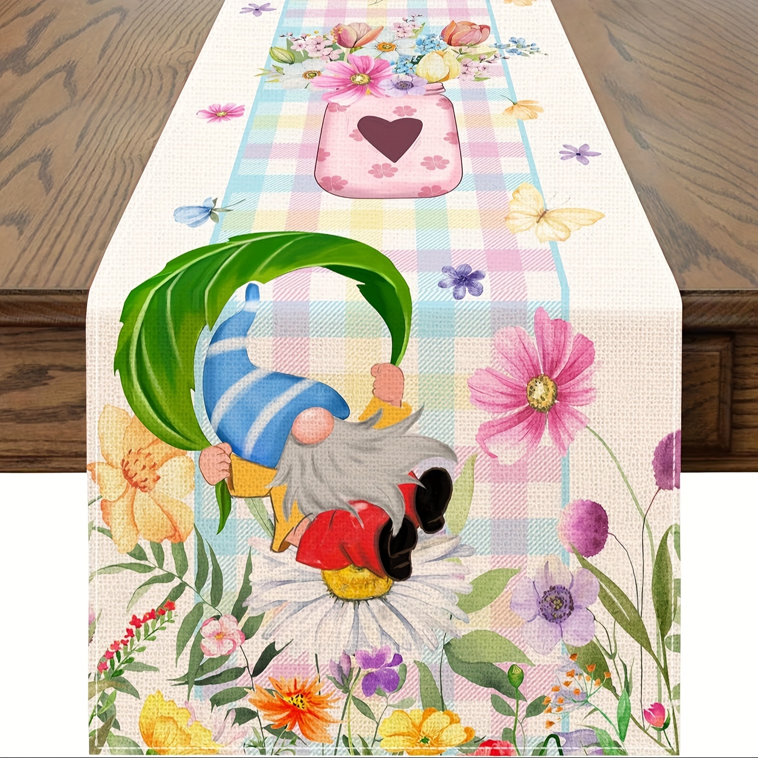 TEMU Runner da primaverile 1 pz, runner da primaverile con fiori , decorazione a quadri scozzesi bufalo per tavolo da cucina, decorazioni per feste ,